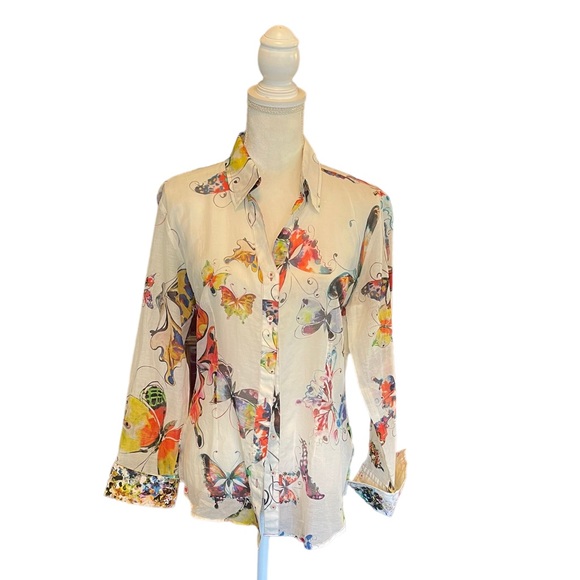 Georg Roth Tops - George Roth Silk Blend Butterfly Motif Printed Button Down Shirt